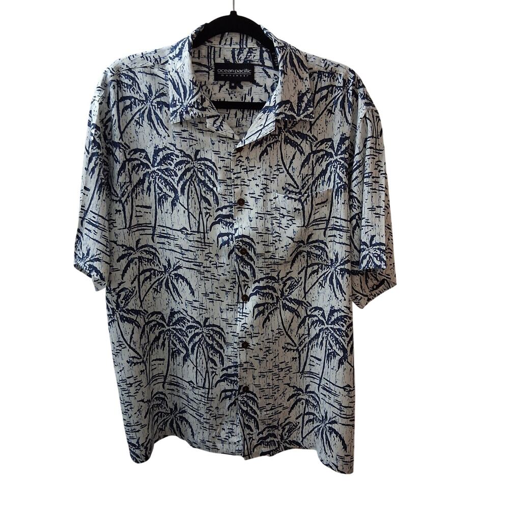 Ocean Pacific Blue/White Men Button Down Short Sleeve Shirt Summer Hawaiian-M